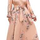 WDIRARA Women's Plus Size Floral Print V Neck Belted Bishop Long Sleeve Dress (XXX-Large Plus, Pink)