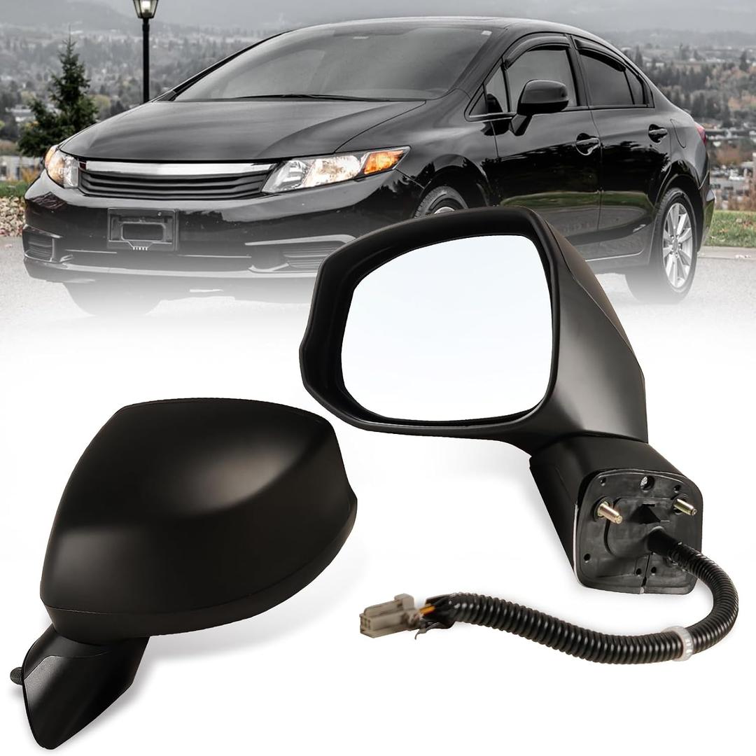Left Driver side Mirror Fits 2012-2015 Honda Civic with Power Glass Non-heated Without Turn Signal Light Replaces 76252TR0A01 (3 Pins)