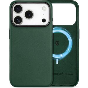 SHIELDON Real Leather Case for iPhone 17 Pro 2025 | Compatible with Magsafe, Magnetic Wireless Charging, Slim Fit, Comfort Grip, Non-Slip, Shockproof, Metal Button, Protective Phone Cover - Evergreen