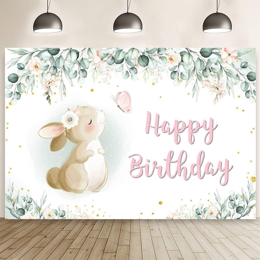 AIBIIN 7x5ft Easter Bunny Birthday Banner, Rabbit Eucalyptus Leaves Birthday Photography Backdrop, Pastel Green Floral Easter Bday Backdrop, Kids Party Decorations Photo Studio Props