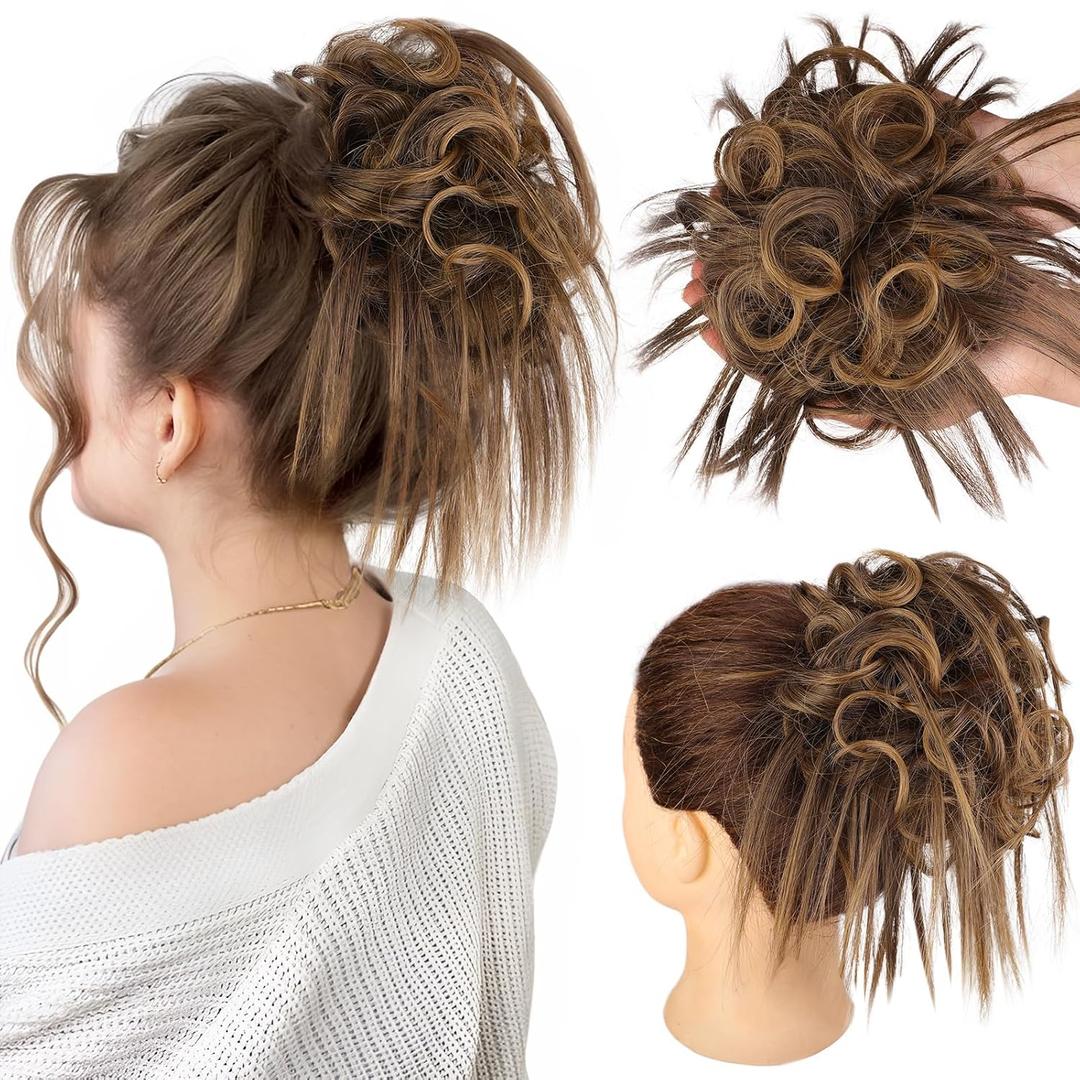 HMD Tousled Updo Messy Bun Hair Piece Hair Extension Ponytail With Elastic Rubber Band Updo Bun Synthetic Hairpieces for Women (Brown Mixed Blonde)