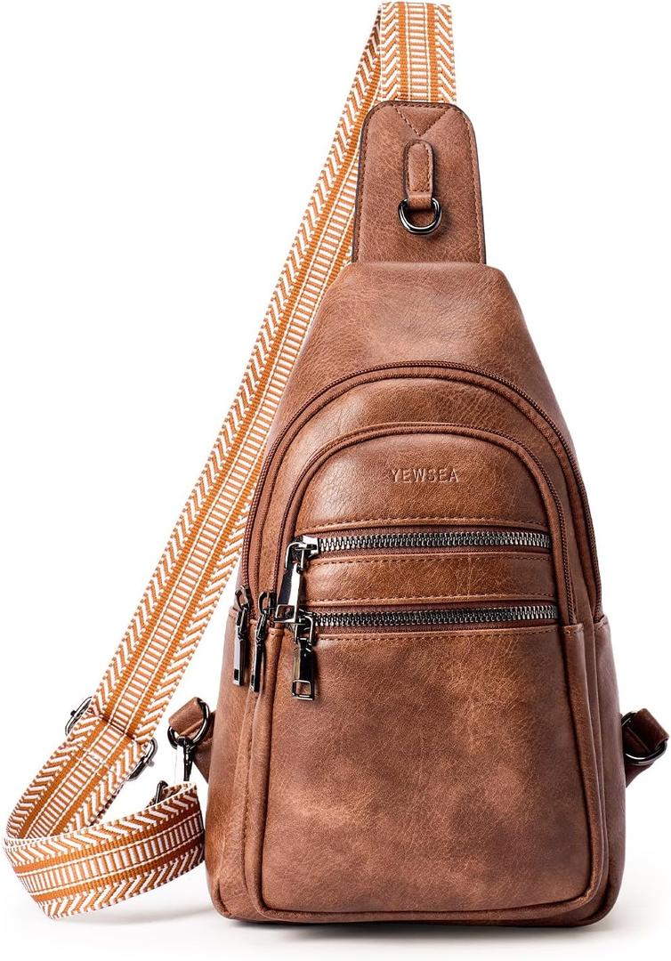 YEWSEA 8L Sling Bag For Women Men Backpack Crossbody Fanny Pack Travel Shoulder Bags Purse Handbag Gifts For Her PU Leather Brown