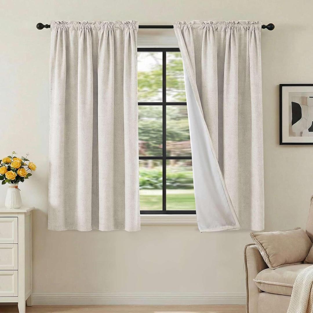 H.VERSAILTEX Linen Look 100% Blackout Curtains 45 Inches Long for Bedroom Full Light Blocking Rod Pocket Linen Textured Thick Window Curtain Drapes with White Backing, Ivory, 2 Panels