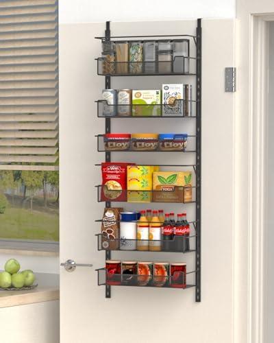VyGrow Over the Door Pantry Organizer, 6-Tier Over the Door Organizer with Adjustable Basket, Pantry Door Organization for Pantry Kitchen Storage Room Spice Rack, Black