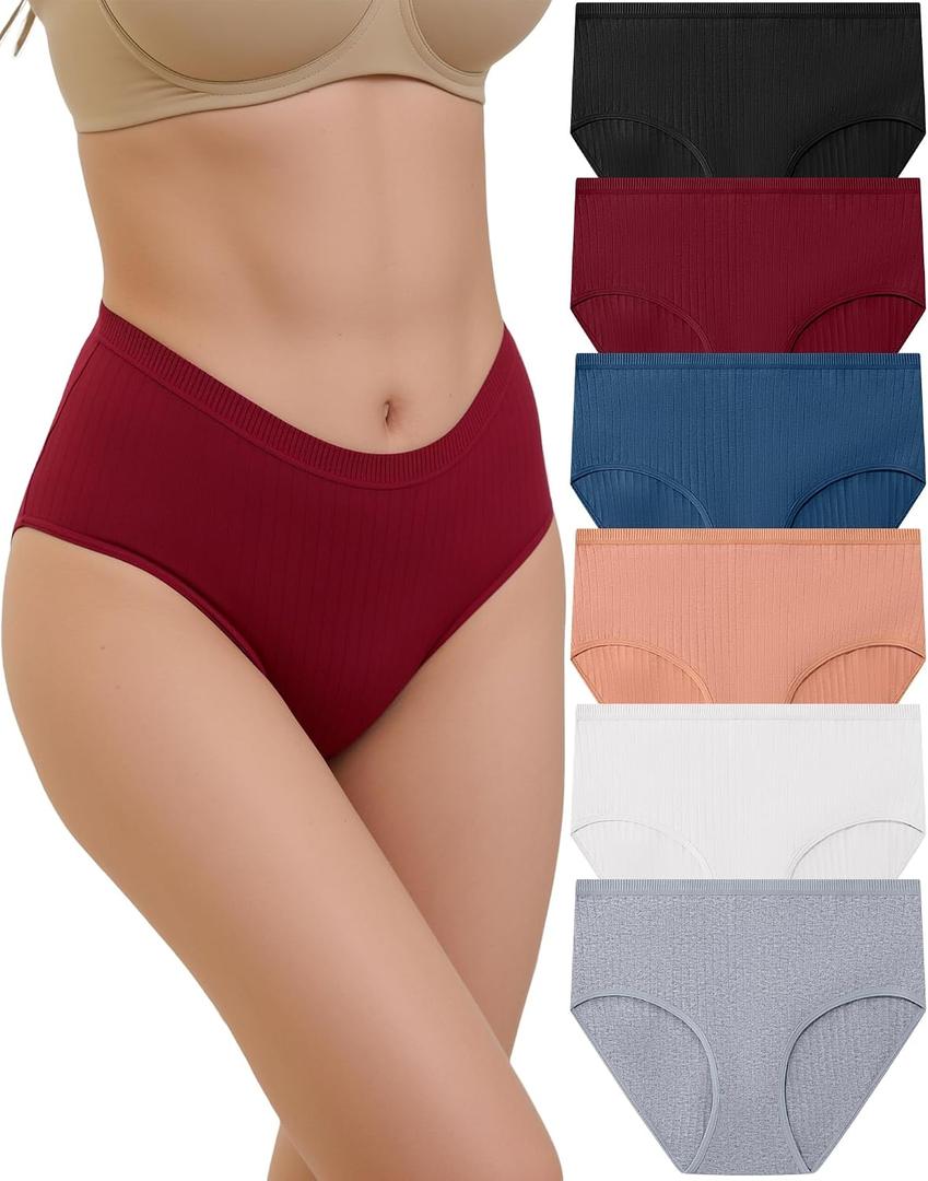 6 Pack Womens Underwear Ribbed High Waisted Cotton Briefs Full Coverage Cheeky Soft Ladies Panties Breathable (XL)