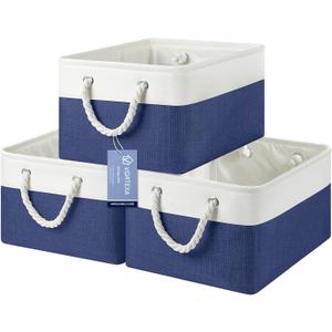 Large Storage Baskets- 15.7x11.8x8.26 inch Storage Bins for Shelves and Closet Organizing, Foldable Fabric Bin for Home Organization Clothes and Laundry (3-Pack, White&Blue)