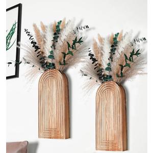 Set of 2 Wooden Vases with Pampas Grass and Eucalyptus  Boho Decor for Living Room, Modern Farmhouse Entryway or Bathroom, Rustic Art for Home Decoration