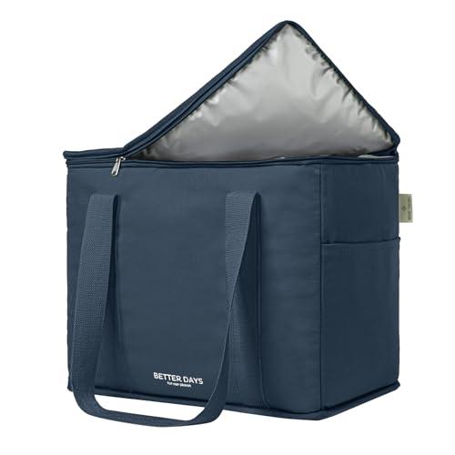 Nook Theory Reusable Insulated Grocery Bag - Leak Proof, X Large Insulated Cooler Bag - Insulated Shopping Bags for Groceries - Travel Cooler Bag for Frozen and Hot Food with Zippered Top (Deep Blue)
