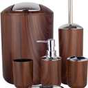 Bathroom Accessories Set 6 Piece Plastic Bath Ensemble Soap Dispenser Toothbrush Holder, Tumbler Soap Dish Soap Saver Trash Can Toilet Brush Holder Decorative Countertop Bathroom Accessoy Set (Brown)