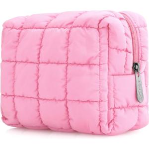 E-Tree Cute Makeup Bag,Quilted Cosmetic Bag for Women,Make up Pouch for Purse,Toiletry Zipper Pouch,Checkered Bag,Travel Case,Storage Pouches for Organization (Pink)