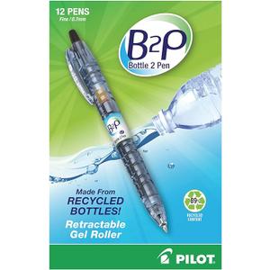 PilotBottle to Pen B2P Retractable Gel Pens, Fine Point, 0.7 mm, 89% Recycled, Translucent Barrel, Black Ink, Pack Of 12