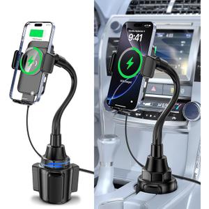 Cup Holder Phone Mount, [Auto Clamping] 2 in 1 Wireless Car Charger Holder Fast Charging, 15W with Quick Extension Long Arm, Fast Swivel Adjustable, 360 Rotatable for iPhone 17/16/15/14/13/12 pro/12