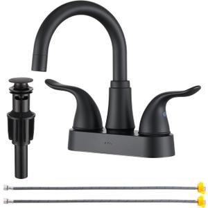 KPW Bathroom Sink Faucet 2 or 3 Hole Matte Black Centerset 4 Inch Bathroom Sink Faucet 2 Handle Plating Over ABS Plastic Non-Metallic Lavatory Bathroom Faucet with Pop up Drain Water Supply Hoses