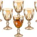 Vintage Wine Glasses Set of 6, 10 Ounce Colored Glass Water Goblets, Unique Embossed Pattern High Clear Stemmed Glassware Wedding Party Bar Glass Drinking Cups Fancy Wine Glasses Amber