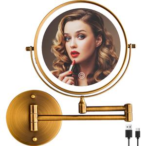 Rechargeable Wall Mounted Lighted Makeup Vanity Mirror 8 Inch Double Sided 1X 10X Magnifying for Bathroom, 3 Color Lighting, Touch Screen, 360 Rotation Shaving Brushed Antique Brass