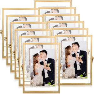 Hoteam 12 Pack 4 x 6 Inches Floating Frame Glass Photo Frame Collection Vintage Metal Minimal Ornate Easel for Pictures Photos Desk Tabletop Display(Gold)
