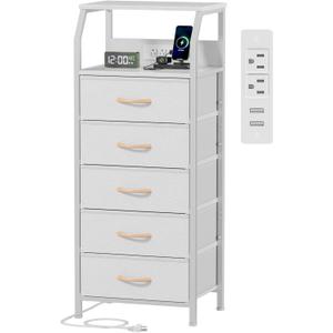 Furnulem 5 Drawers Dresser with Charging Station, Tall Night Stand with Open Shelf, Storage Tower with PVC & Fabric Drawer, Bedside Table for Bedroom, Closet, Entryway, 3 Ways to Use, White