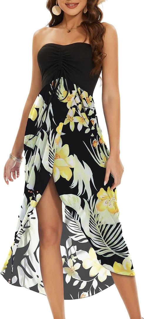 Women's Beach Dress Summer Maxi Sundress Strapless Hawaiian Cover Ups Asymmetrical Wrap Dresses (Black Yellow Flowers)