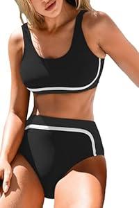 Leoparts Women's Two Piece High Waisted Swimsuits Sporty Color Block Scoop Neck Bikini Set Bathing Suit (X-Large)