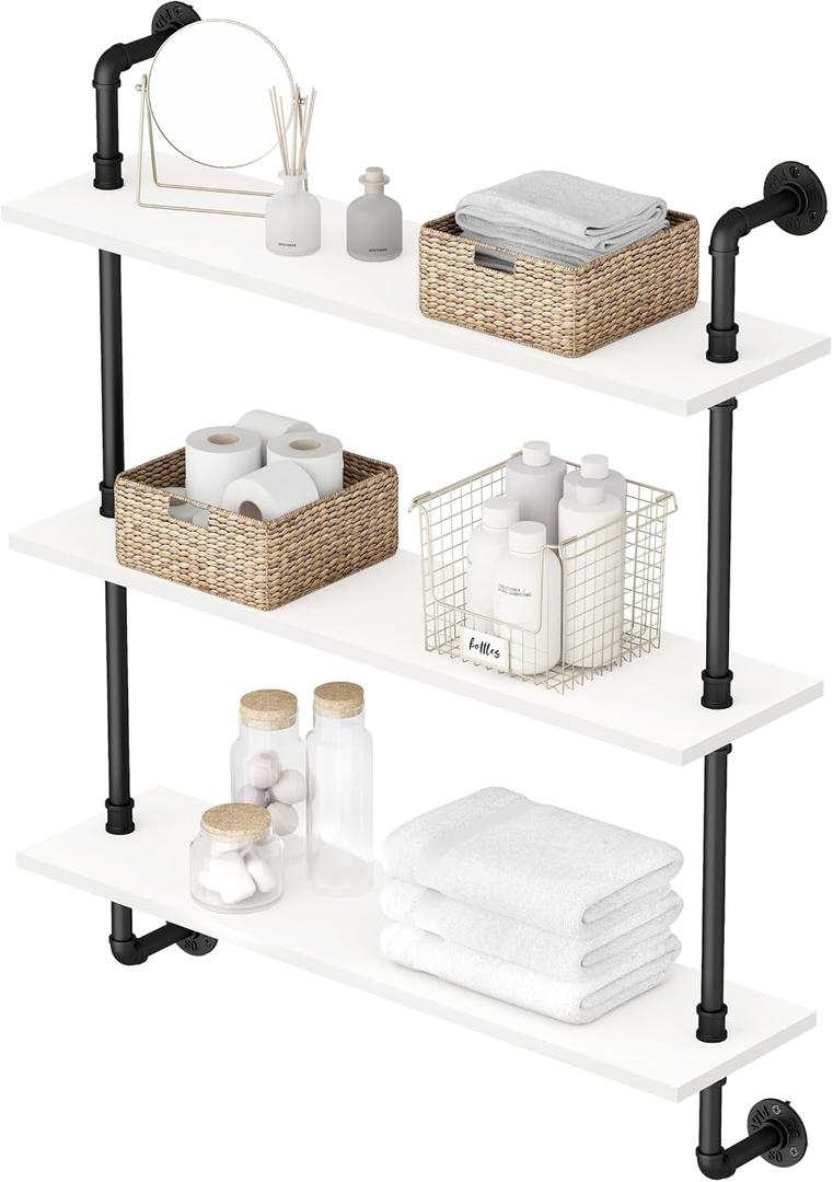 3-Tier Industrial Pipe Floating Shelf – Rustic 36 inch Wood Wall-Mounted Storage Shelf for Kitchen Office,Bathroom & Home Decor -White