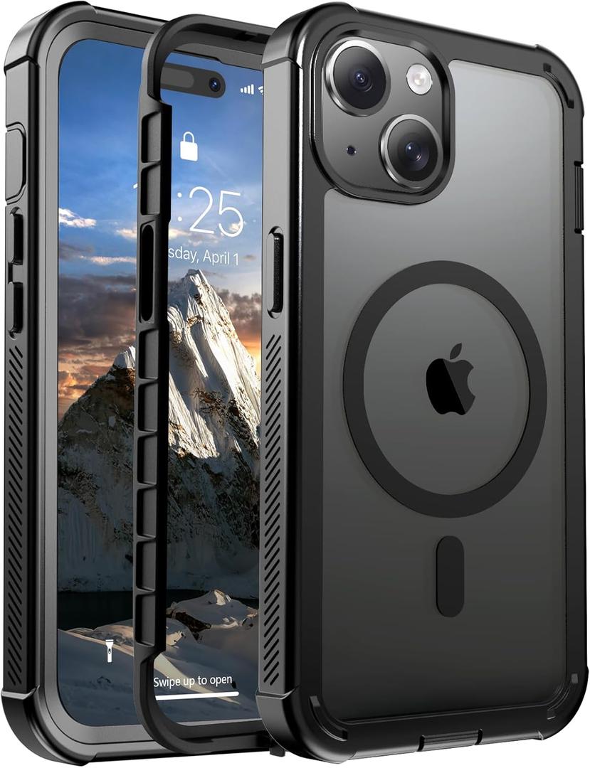 Magnetic for iPhone 15 Case, [Compatible with MagSafe][Military Grade Drop Protection][Heavy Duty Protection][Non-Slip][Shockproof] 2-Layer Durable Bumper Phone Case 6.1''-Black