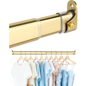 Oval Closet Rod for Hanging Clothes 18.2 to 31 Inch, Includes End Supports, Adjustable Wardrobe Tube, Heavy Duty Extendable Closet Pole, Carbon Steel, Gold