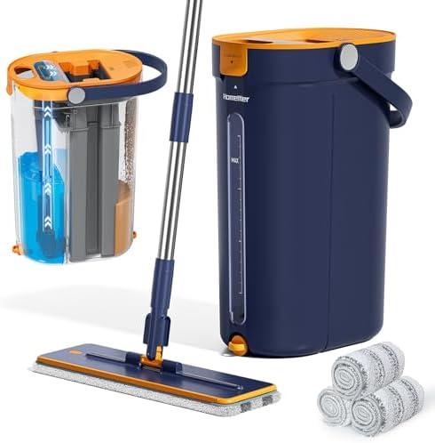 HoMettler Mop and Bucket Set with Wringer, 3-Tank Flat Mop and Bucket System, Wall Mop Cleaner with Long Handle, Hands Free Mops for Floor Cleaning with 4 Microfiber Pads