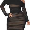 MOEENCN Mesh Long Sleeve Ruched Dress Sexy Off Shoulder Bodycon Women Knee Length Party Date Night Outfits (XX-Large, Black)