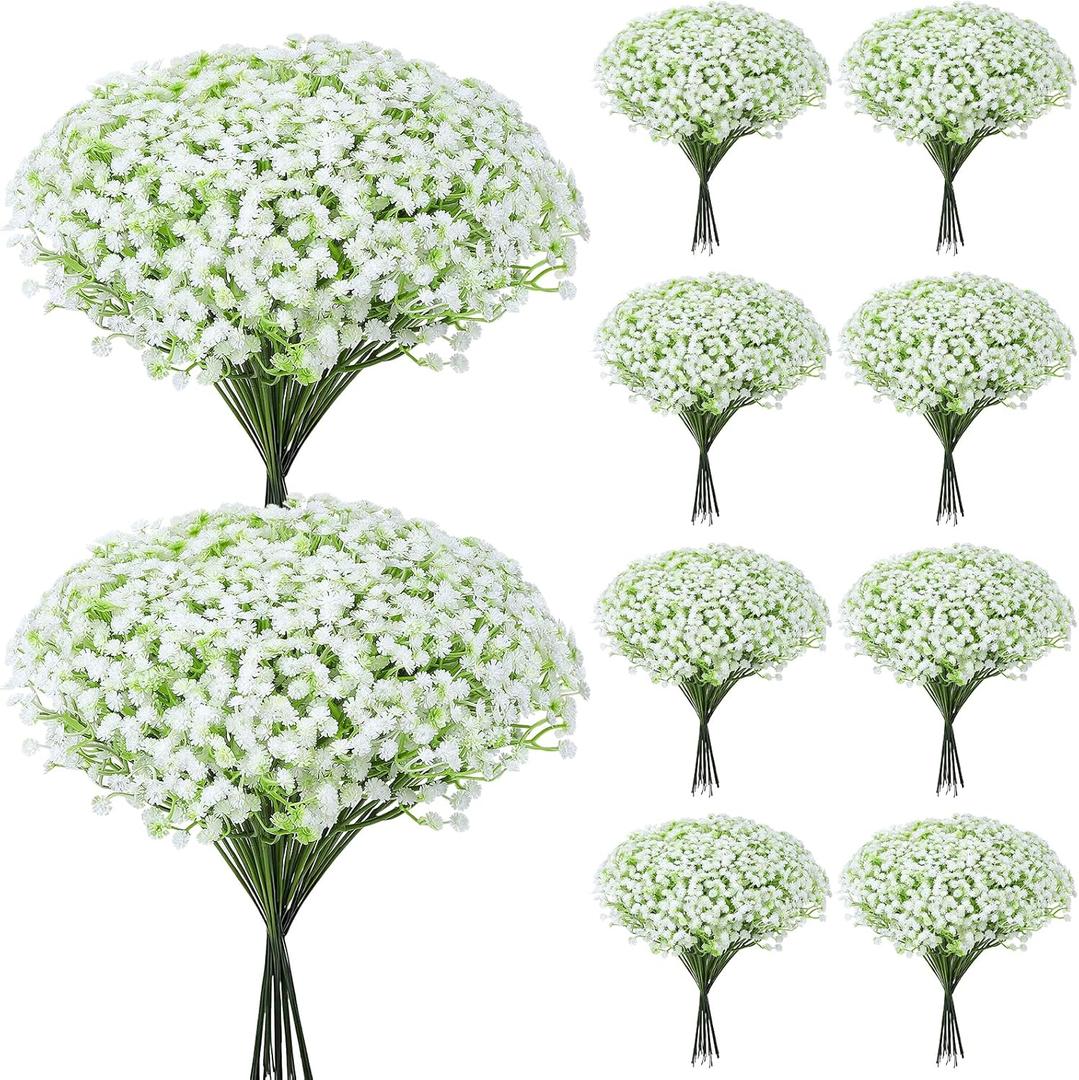 240 Pcs Baby Breath Artificial Flowers Bulk, Fake White Baby Breath Flowers for Wedding Bouquet Home Party Decor, 11.8 Inch (Green and White)