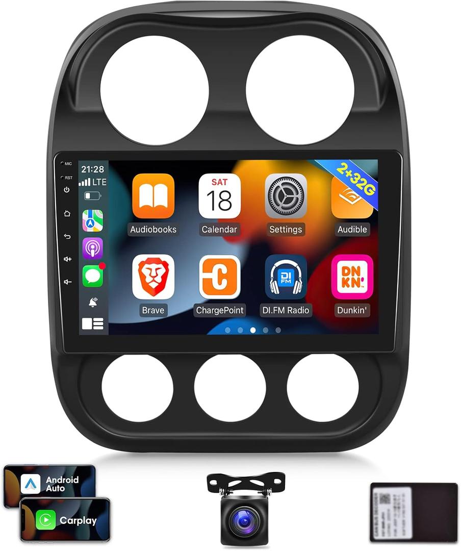 [2G+32G] Car Radio for Jeep Compass Patriot 2010-2016, 10.1 inch Android 11 Touch Screen Stereo, Carplay/Android Auto/Mirror Link/1080P/SWC/Bluetooth/WiFi + AHD Backup Camera for Jeep Compass