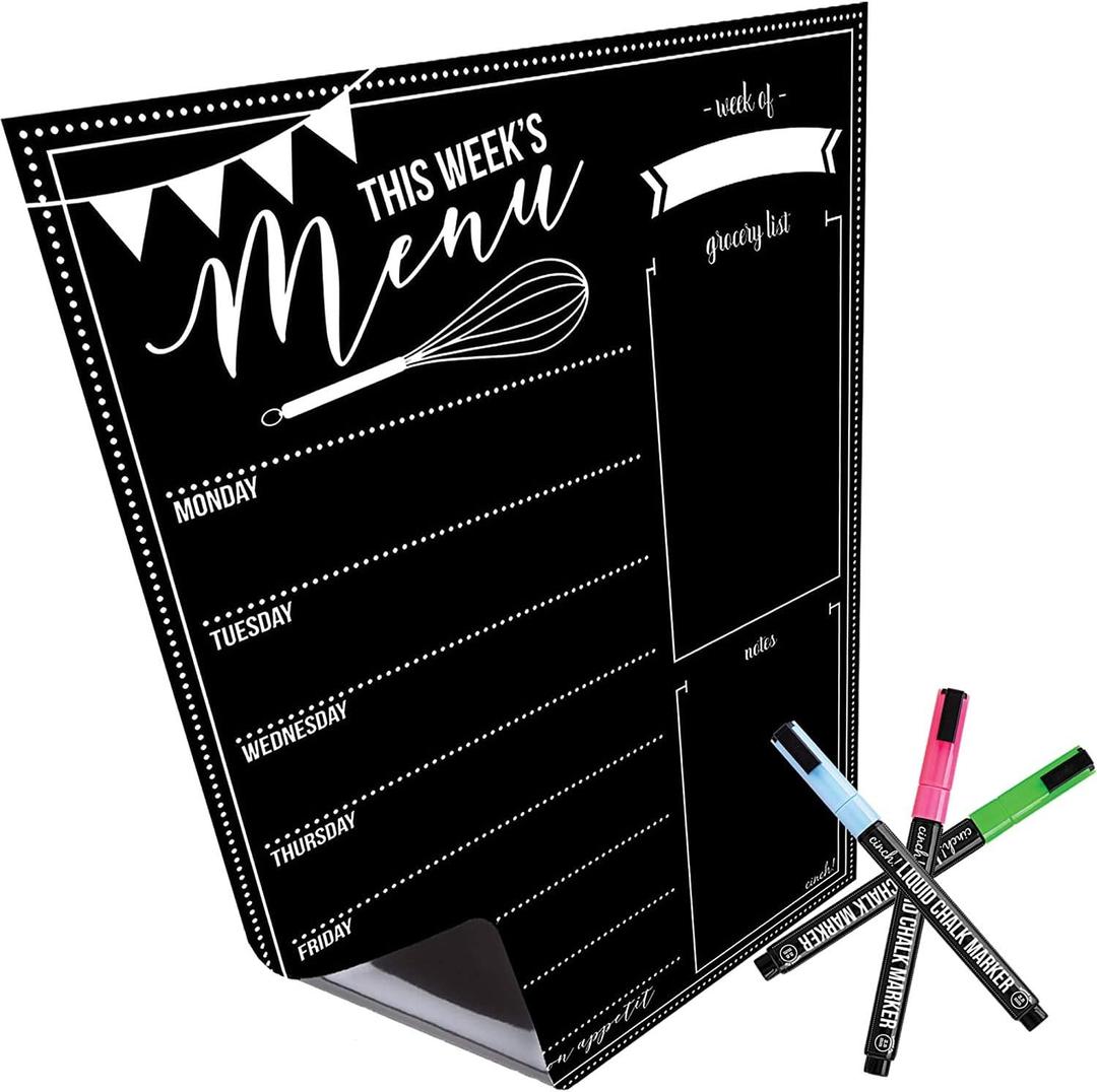 Cinch! 16x12-Inch Chalkboard Weekly Menu - Magnetic Meal Planner Board for Refrigerator - Reusable Black Menu Board with 3 Neon Liquid Chalk Markers - Weekly Food Planner for Kitchen Organization