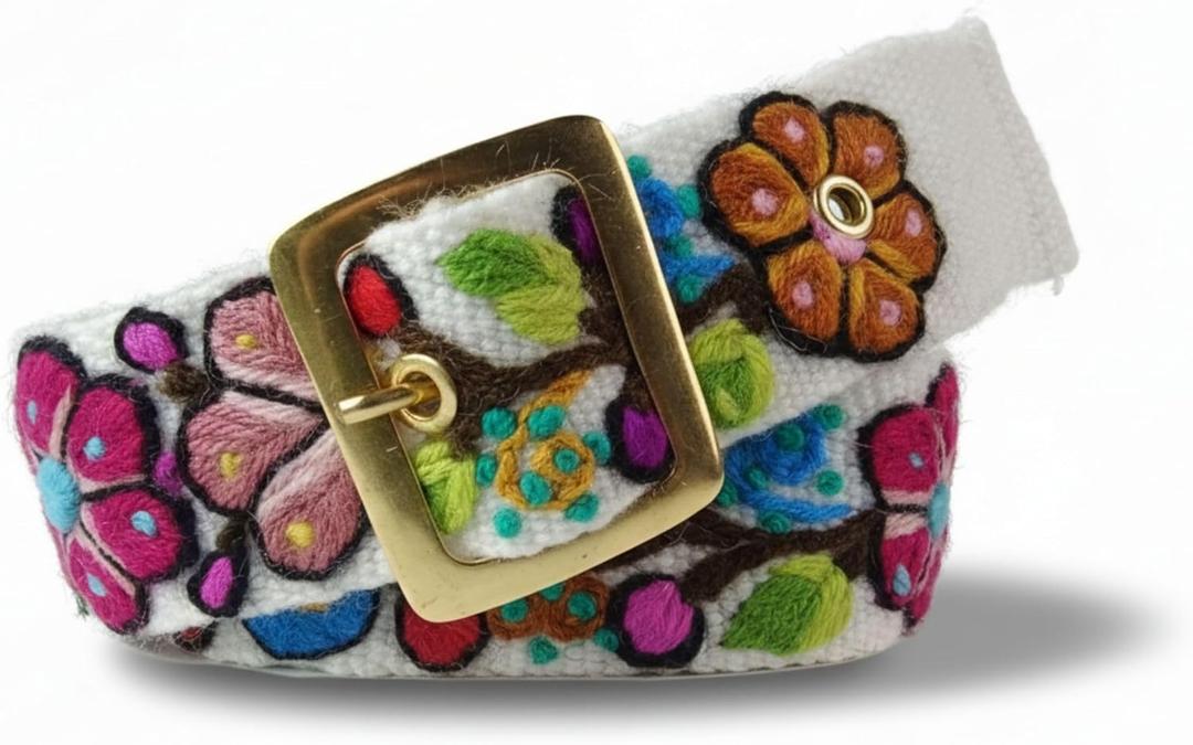 Handmade Embroidered Belts for Women by Peruvian Artisans - Woven Boho Floral - Casual & Colorful Belts for Women (Large - 42.5", White)