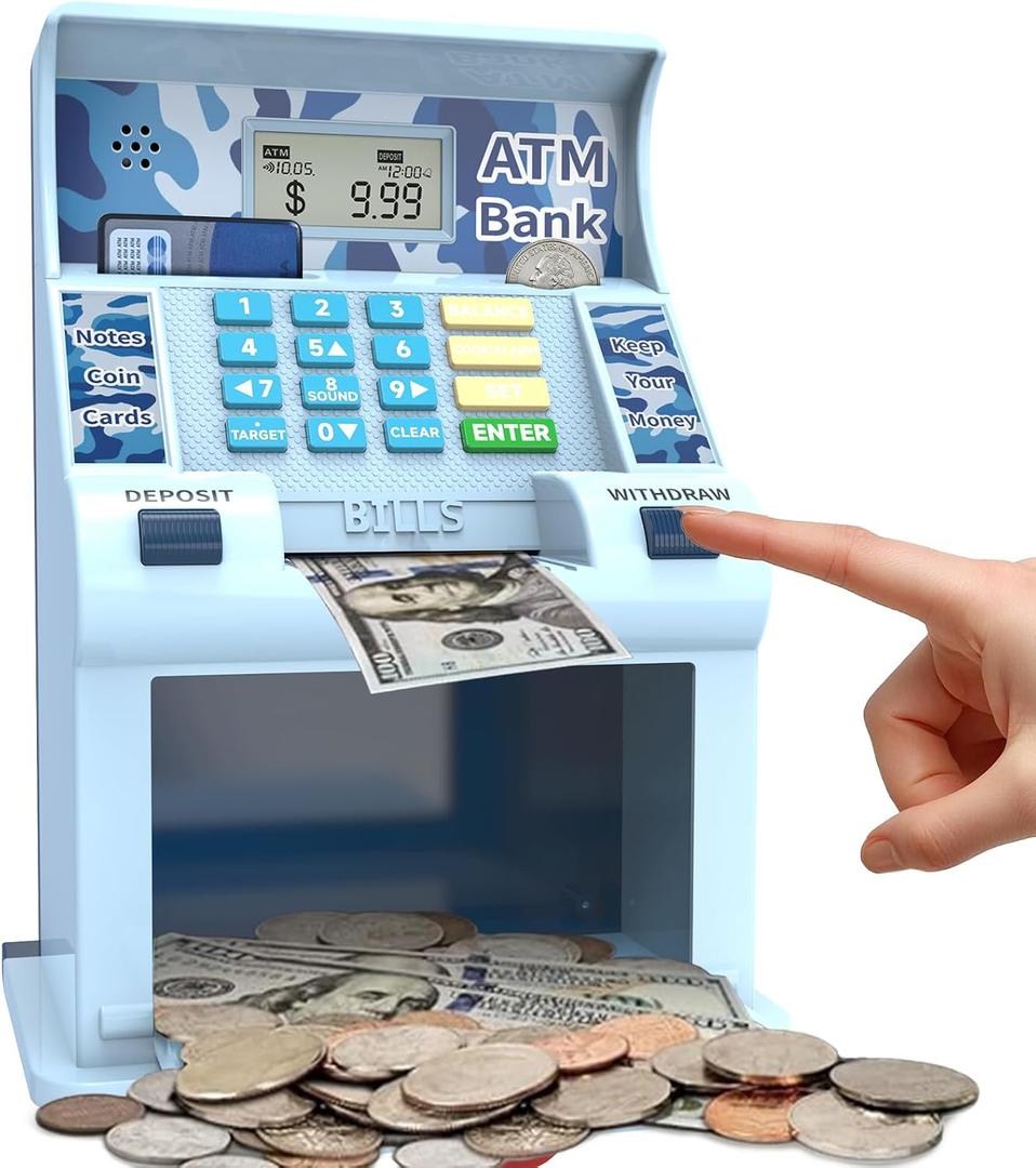 ATM Piggy Bank for Kids，ATM Bank Cash Coin Saving for Real Money with Debit Card，Coin Recognition, Balance Calculator, Electronic Savings Safe Box，Gift for Ages 6-13 Piggy Bank