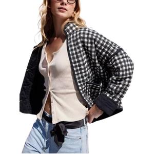 Omoone Women's Cropped Quilted Jacket Floral Printed LightWeight Padded Puffer Cardigan Coat Outwear (Black, XL)