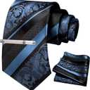 JEMYGINS Mens Floral Necktie and Pocket Square Tie Clip Sets for Men (Dusty Blue)