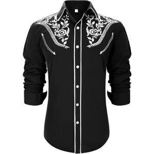 Western Shirts for Men Cowboy Shirts Long Sleeve Embroidered Country Shirt Slim Fit Button Down Shirt Casual Work (Large, Black)