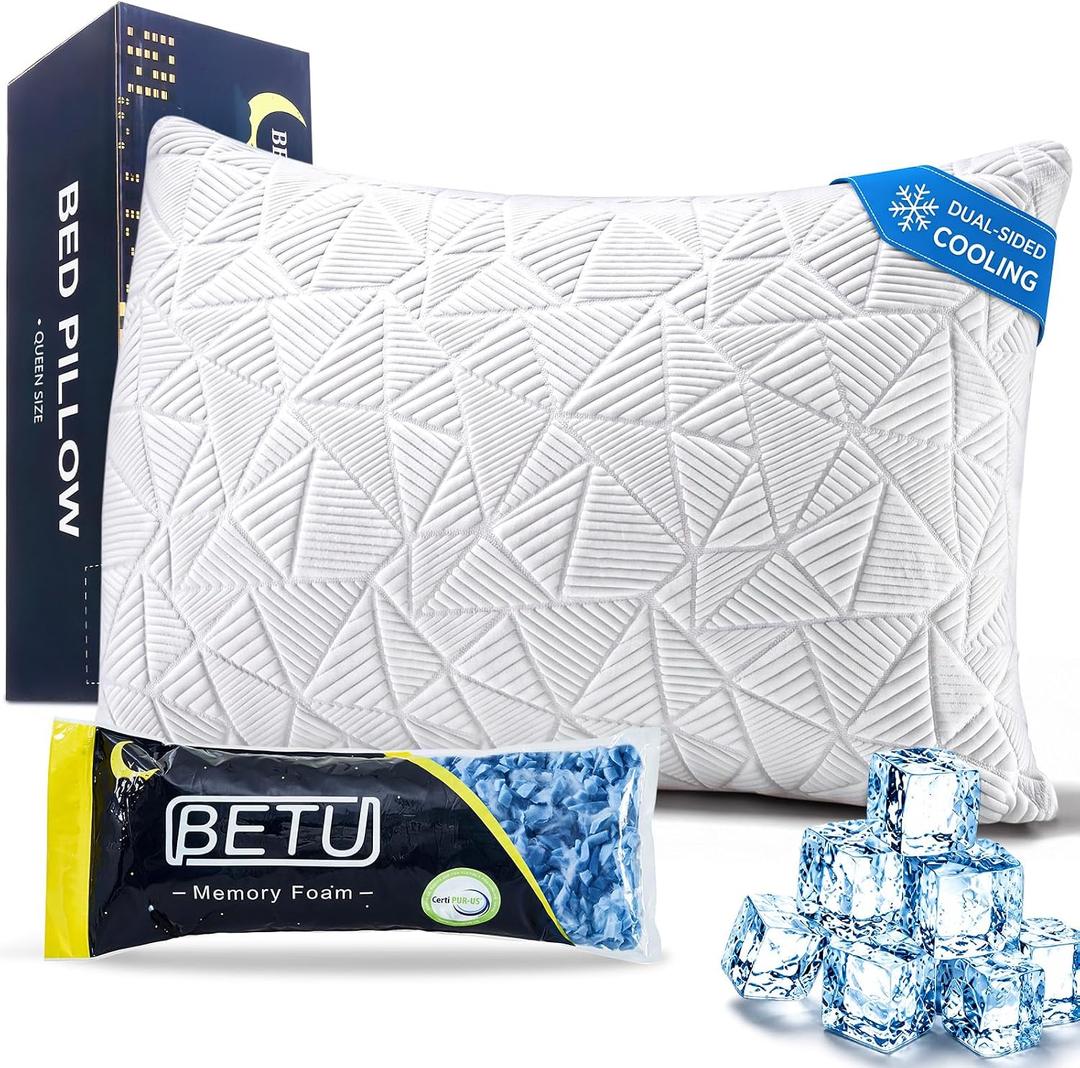 BETU Enhanced Cooling Pillow Queen Size, Shredded Memory Foam Cool Pillow for Hot Sleepers, Two Sided Cool Adjustable Firm Soft Support Bed Pillows Perfect for Side, Back, Stomach Sleepers, White