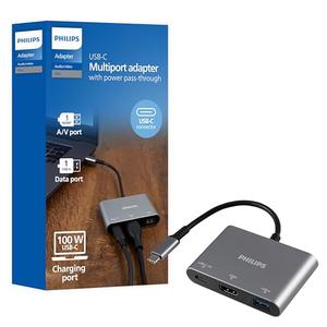 Philips USB C Hub to Multiport Adapter, 3 in 1 Power Pass Through, HDMI 4k@30Hz, 60W USB C Charging Port, 5Gbps USB 3.0 Port for MacBook Pro, MacBook Air, UCB C Laptop Docking Station, DLK9220C/27