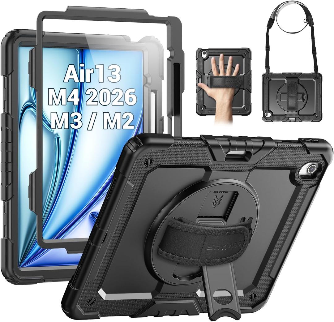 SEYMAC for iPad Air 13 Inch Case M4 / M3 / M2 (2026/2025 / 2024), Heavy Duty Shockproof Protective Case with Screen Protector, 360 Rotating Stand, Hand/Shoulder Strap and Pen Holder, Black