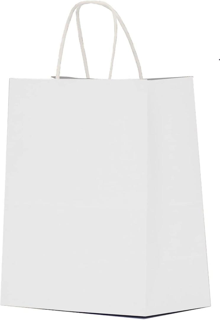 Qutuus 10x5x13 White Paper Gift Bags with Handles Bulk 100Pcs Kraft Paper Shopping Bags, Recyclable Paper Sacks, White Gift Bags for Retail, Merchandise, Business, Gifts