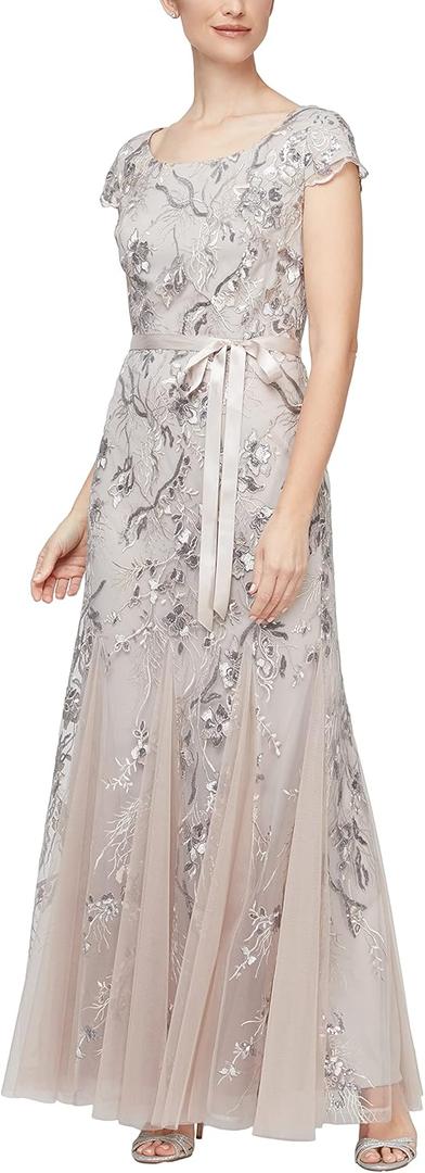 Alex Evenings Womens Long Length A-line Sequin Lace V-Neck Mother of The Bride Dress, Formal Event Gown with Short Sleeves (4)