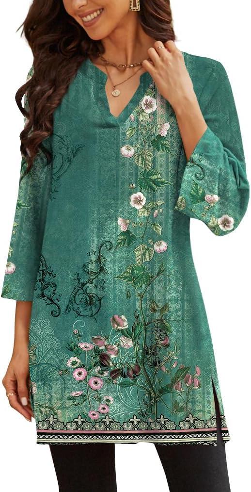 Poetsky Womens Tunic Tops 3/4 Bell Sleeve Loose Fit Tunics Dressy Casual Side Split Flare Top for Leggings S-3XL (M)