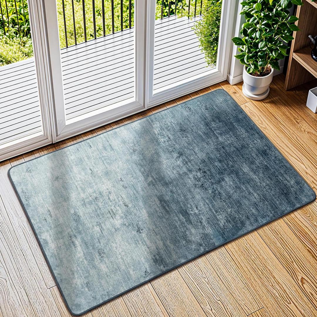 Washable 2x3 Entry Rugs for Entryway Kitchen Bathroom Door Mat Indoor Entrance - Stain Resistant Non-Slip Backing Low Pile Blue Rug,Durable & Ultra- Farmhouse Decor(2x3,Blue)