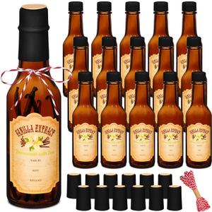 Tioncy 16 Pcs Vanilla Extract Bottles for Homemade Vanilla Jar Glass Bottle with Cap, Shrink Band, Sticker Syrup Gift Food Storage Canister for Bean Sauce Spice(Black, Brown,5 oz)