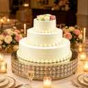 Metal Cake Stand with Mirror Top Plate Beaded Crystal Display Cake Pedestal,Baking Party Supplies Centerpiece,Gold 16 Inch