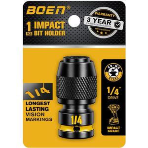 boen 1/4-Inch Drive to 1/4-Inch Hex Socket Adapter, Quick Release Impact Bit Holders, Square Drive Adapter, CR-MO Steel, Deep Embossed Size Marking