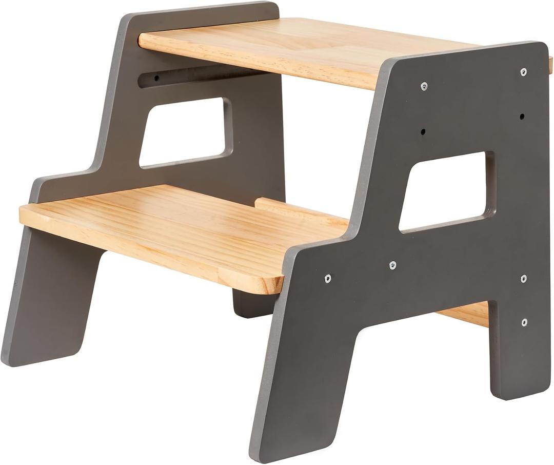 Toddler Step Stool for Kids - Height Adjustable Non-Slip Wooden Step Stool for Bathroom Sink, Kitchen & Potty Training 2-Step - Grey (Gray)