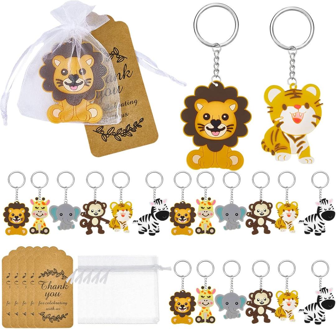 270 Pieces Cute Jungle Animal Keychains Safari Animals Party Favors Zoo Animals Key Ring Decoration with Thanks Kraft Tags and White Organza Bags for Birthday Party Favor