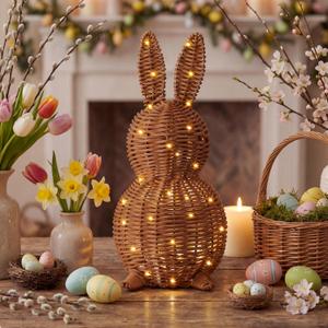 Thyle 1 Pcs Neutral Easter Rattan Bunny Decoration, 13.8 Inch Modern Woven Rabbit Tabletop Centerpiece with 3.28 FT String Light, Rabbit Ornament for Mantel Fireplace Easter Home Tiered Tray Decor