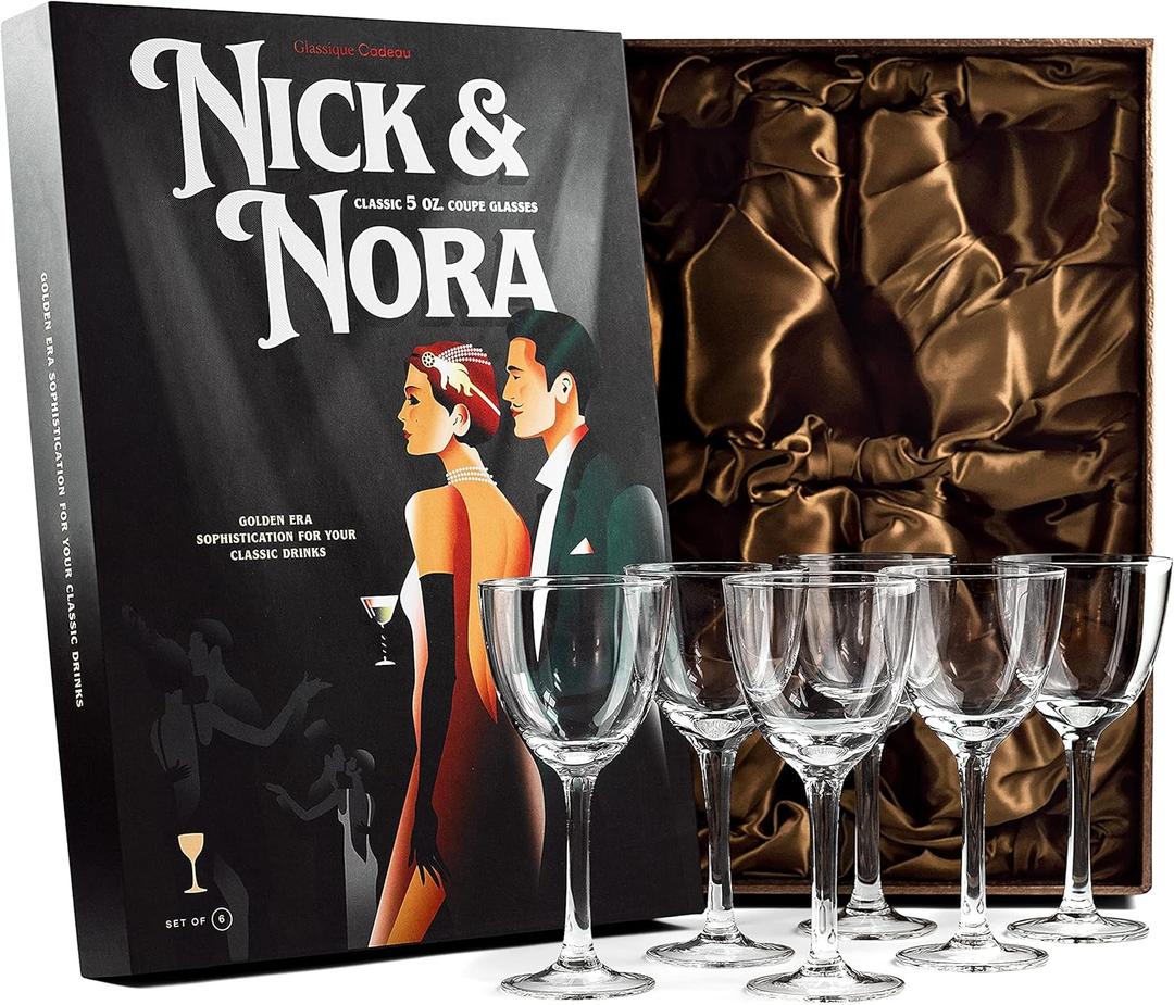 Crystal 5 oz Retro Nick and Nora Coupe Glasses | Set of 6 | Vintage Bar Glassware for Martini, Manhattan, Cosmopolitan, Classic 4 oz Cocktail Drinks | Small Drinking Coups with Long Stems